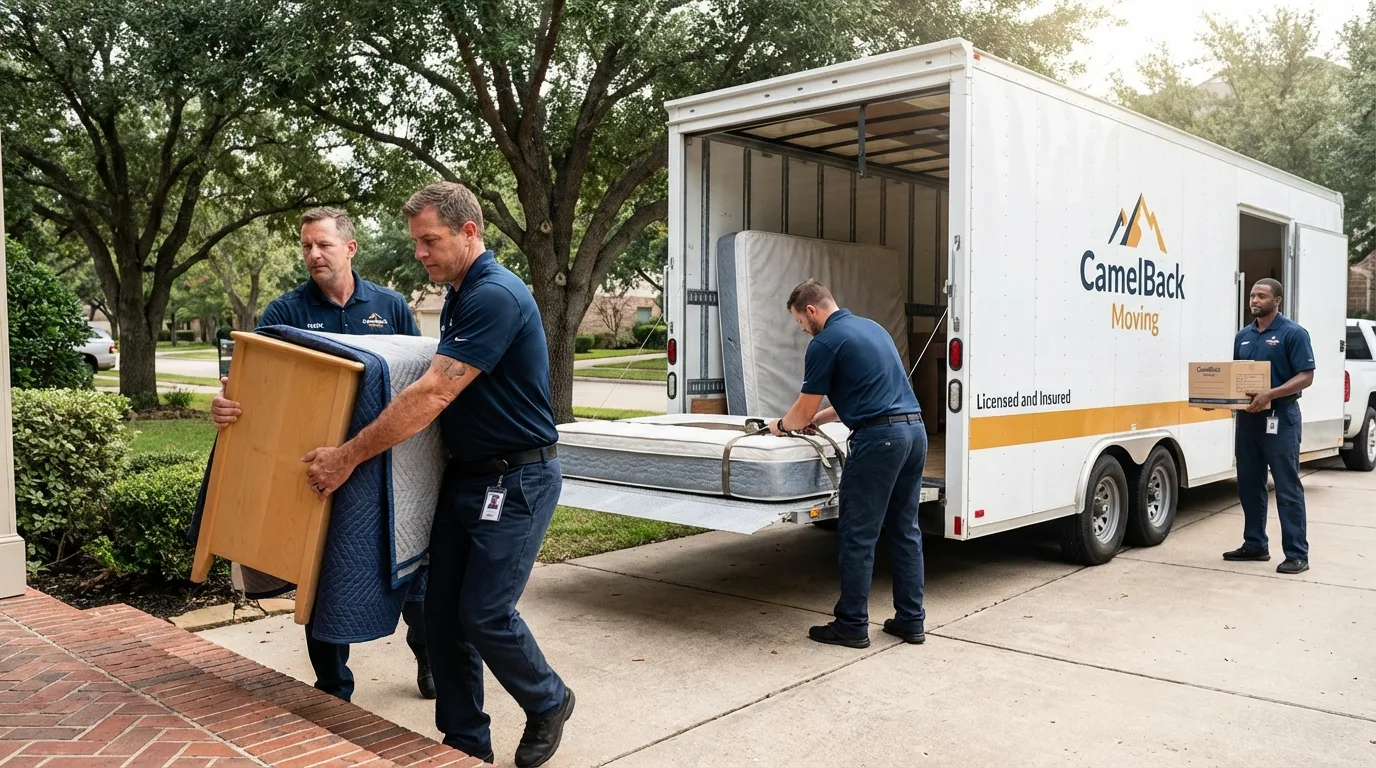 Crew loading residential truck for cross-state move from Delcambre, LA