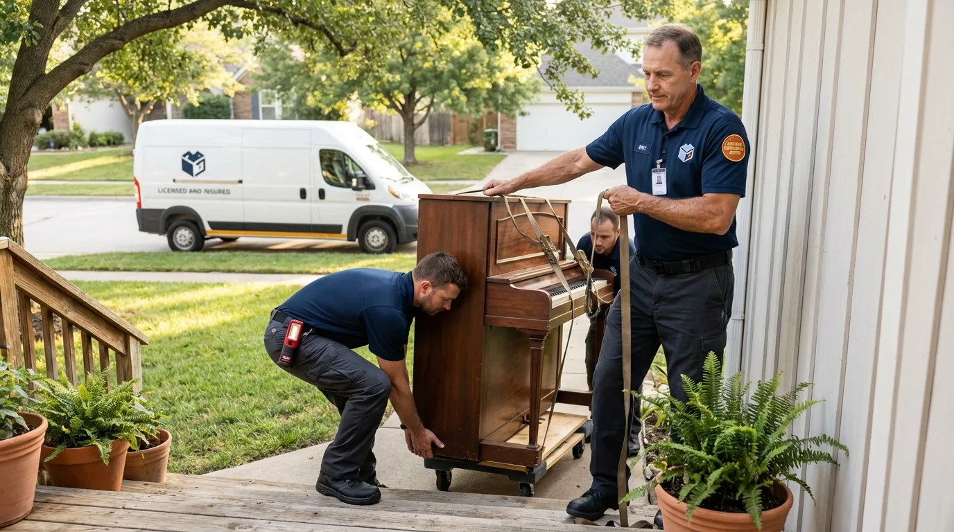Licensed piano movers securing grand piano in Delcambre, LA