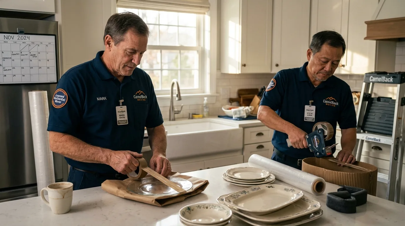 Professional crew packing kitchen dishware in Delcambre, LA